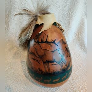 Little Trees Native American Elk Fur & Buckskin Hand-painted Ridge Carved Gourd